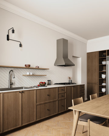 Discover a modern kitchen design with stunning wooden cabinets and elegant lightingの写真素材