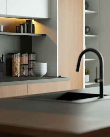 Explore contemporary kitchen design, highlighting sleek, stylish finishes for an elegant lookの写真素材