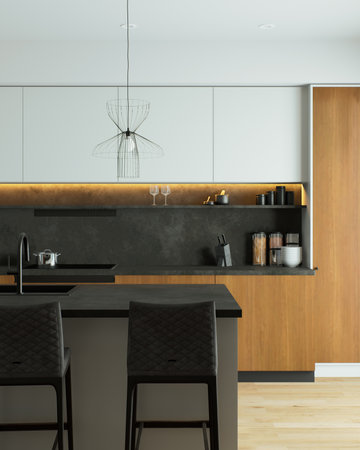Modern kitchen design combines elegant elements with warm accents for style and functionalityの写真素材