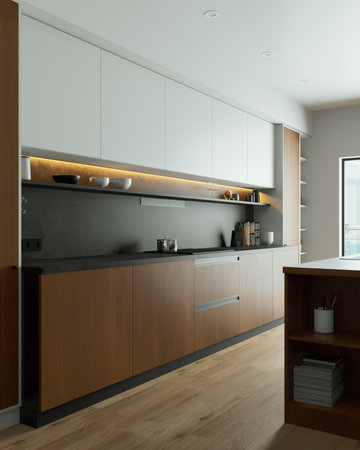 Explore modern minimalist kitchen designs with warm wood accents to enhance your homeの写真素材