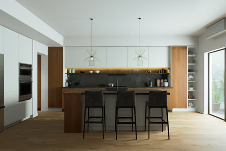 A modern kitchen interior with a sophisticated design that provides maximum natural light and styleの写真素材