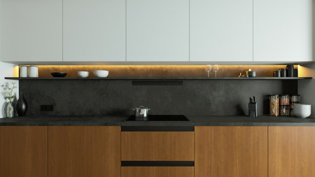 Modern kitchen design with elegant cabinets, stylish elements and ambient lightingの写真素材