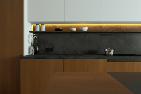 Discover a modern kitchen design with elegant finishes and pleasant lightingの写真素材