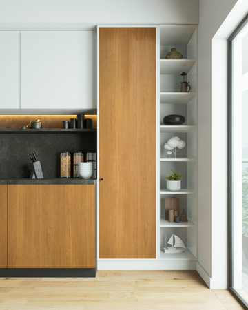 Modern kitchen with stylish wood accents and open shelving for a unique, inviting lookの写真素材