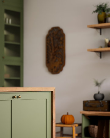 A charming green kitchen with rustic decor and autumn touches creates a cozy atmosphereの写真素材