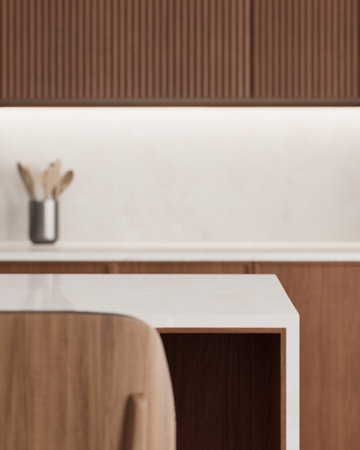 A modern kitchen interior design characterized by natural elements and warm color tonesの写真素材