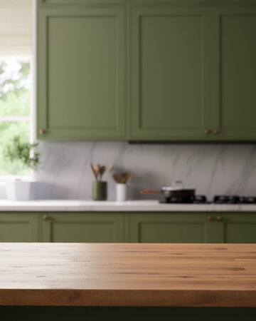 A modern green kitchen with a beautiful wooden countertop that is both stylish and functionalの写真素材