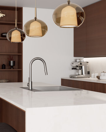 Discover a modern stylish kitchen with elegant lighting and a stylish overall designの写真素材