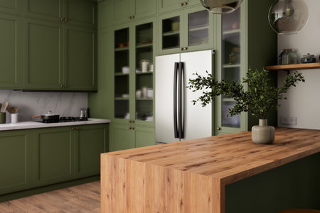 A modern green kitchen with beautiful natural wood accents creates a cozy atmosphereの写真素材