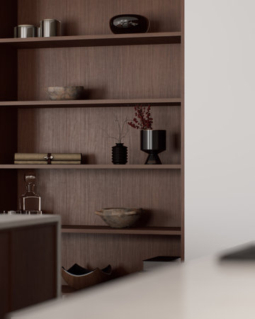 Explore modern minimalist shelving with curated decorative pieces to enhance your spaceの写真素材
