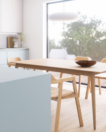 A stunning modern minimalist kitchen and dining room with an attractive design and aestheticの写真素材