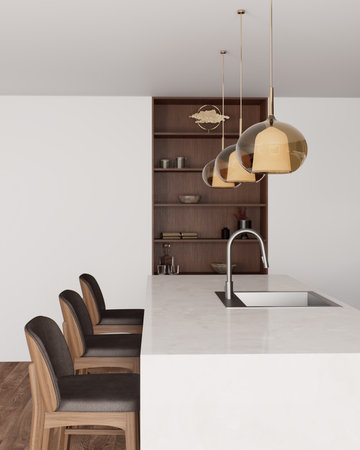 Explore modern kitchen design with elegant pendant lighting that enhances the ambianceの写真素材