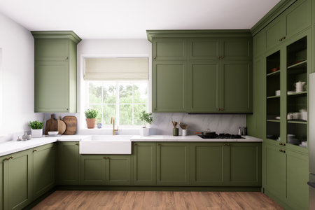 A gorgeous modern green kitchen design filled with rustic charm and abundant natural lightの写真素材