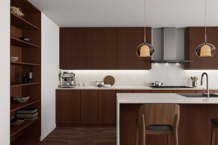 The modern kitchen features beautiful wooden accents and a stylish design for ambianceの写真素材