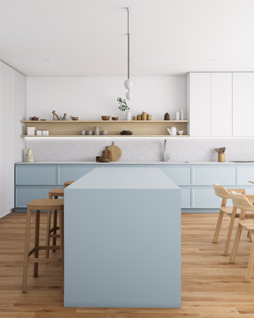 A modern minimalist kitchen with a soft blue island and rich wood accents for beauty and functionの写真素材