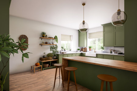 A modern green kitchen with natural accents combined with beautiful wooden elementsの写真素材