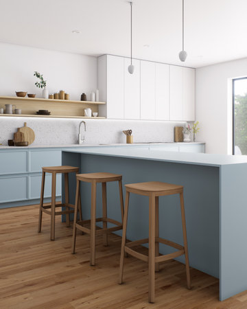 This is a beautifully designed modern minimalist kitchen that features light wood accentsの写真素材