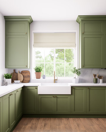 Stylish modern green kitchen with abundant natural light and aesthetic appealの写真素材