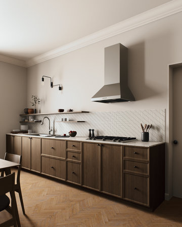 A modern minimalistic kitchen that beautifully incorporates rustic elements and unique touchesの写真素材