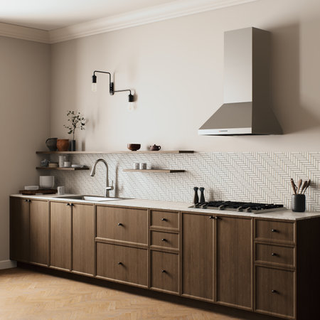 Explore modern kitchen design with open shelving and stylish fixtures that enhance your spaceの写真素材