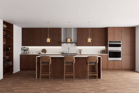 The latest modern kitchen design with luxurious woodwork and comfortable island seatingの写真素材