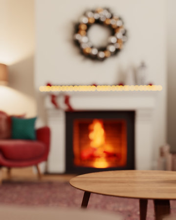 Cozy winter living room with beautiful holiday decor and a cozy fireplace.の写真素材