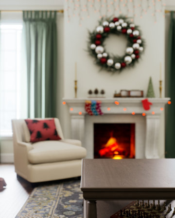 Cozy holiday living room with fireplace and beautiful holiday decorations aroundの写真素材