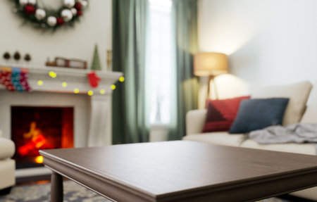 A cozy living room, beautifully decorated with holiday decor and the warm ambience of a fireplace.の写真素材