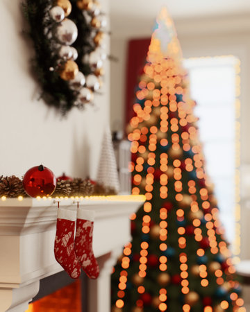 Enjoy the warmth of cozy Christmas decor with a tree, fireplace and holiday decorations.の写真素材