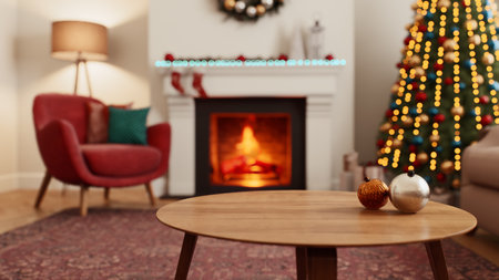 The cozy holiday living room is decorated with a stunning Christmas tree and a warm fireplace to welcome everyone.の写真素材
