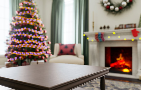 Cozy and attractive Christmas living room with beautifully decorated Christmas tree and fireplacesの写真素材