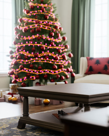 A cozy holiday living room decorated with a Christmas tree and an abundance of beautiful decorations.の写真素材