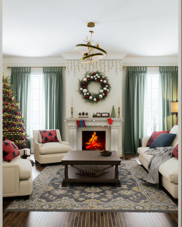 Discover a cozy holiday living room with beautiful holiday decor and a warm fireplace.の写真素材