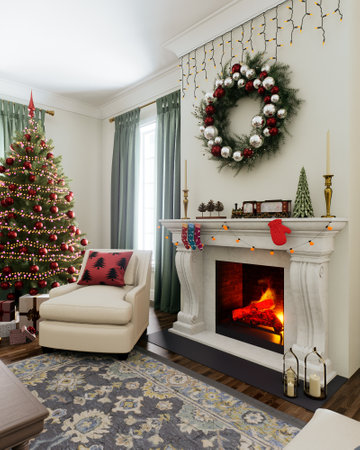 Create a cozy and inviting Christmas living room decor with a Christmas tree and a warm fireplaceの写真素材