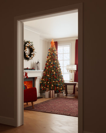 Cozy Christmas living room with a beautifully decorated Christmas tree and a cozy fireplaceの写真素材