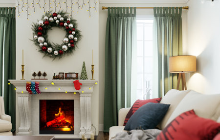 A cozy holiday living room with a beautiful fireplace and festive decorations adding charmの写真素材