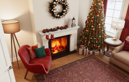 A cozy holiday living room with a beautifully decorated Christmas tree and a warm fireplace.の写真素材