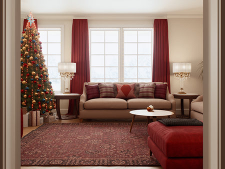 This season, enjoy cozy Christmas living room decor with a beautiful tree and warm accents.の写真素材