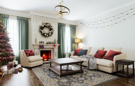 A cozy living room with a beautifully decorated Christmas tree and festive holiday decorの写真素材
