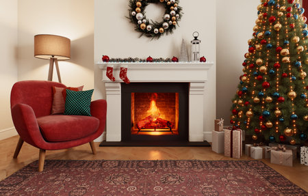 Cozy Christmas living room with festive decor and a beautiful fireplaceの写真素材