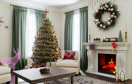 Cozy Christmas living room with a beautifully decorated Christmas tree and a warm fireplace.の写真素材