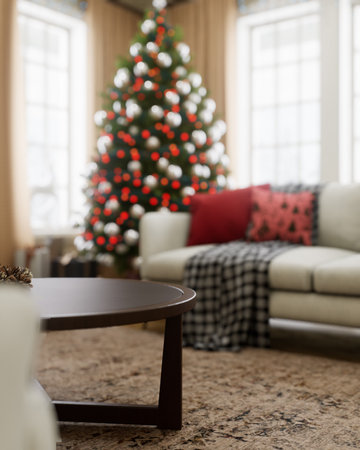 Cozy living room, beautifully decorated with a Christmas tree and soft decorative pillowsの写真素材