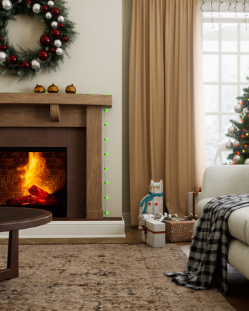 A cozy holiday living room with a decorated Christmas tree creating a warm, festive atmosphere.の写真素材