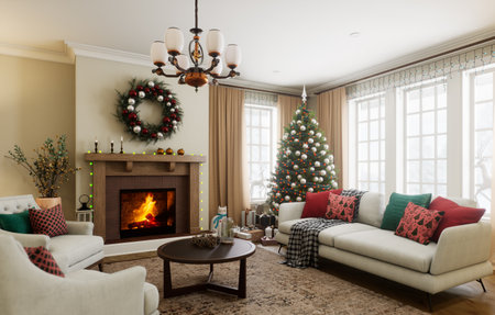 A cozy holiday living room with a beautifully decorated Christmas tree and a warm fireplace.の写真素材