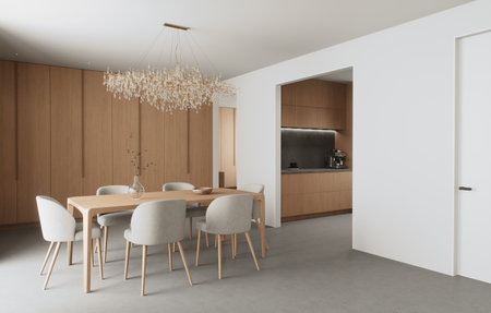 A modern dining room with beautiful wooden elements and elegant lightingの写真素材