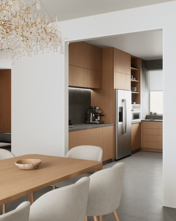 The modern minimalist dining room has elegant lighting and a chic atmosphere for any occasionの写真素材