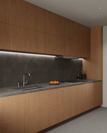 Modern wood kitchen designs include sleek countertops that enhance functionality and beautyの写真素材