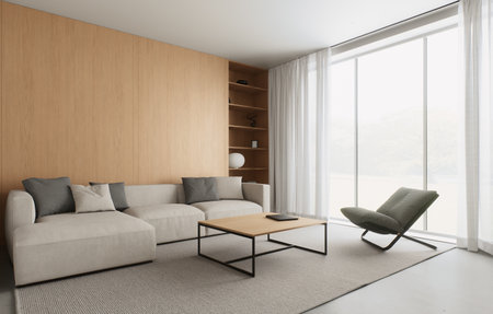 A minimalist living room designed to maximize natural light and stylish, neutral tonesの写真素材