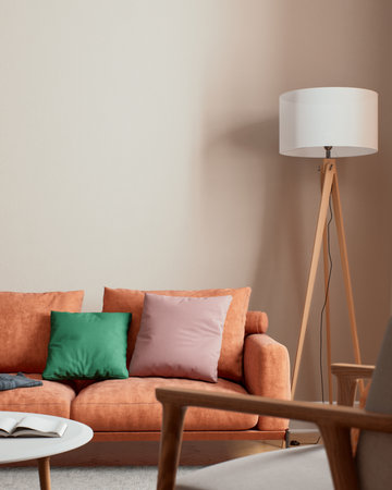 Stylishly Designed Living Room Featuring a Cozy Sofa and a Contemporary Modern Lampの写真素材
