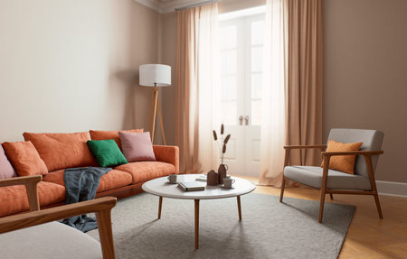 A beautifully designed Modern Living Room with Cozy Seating and ample Natural Light for comfortの写真素材